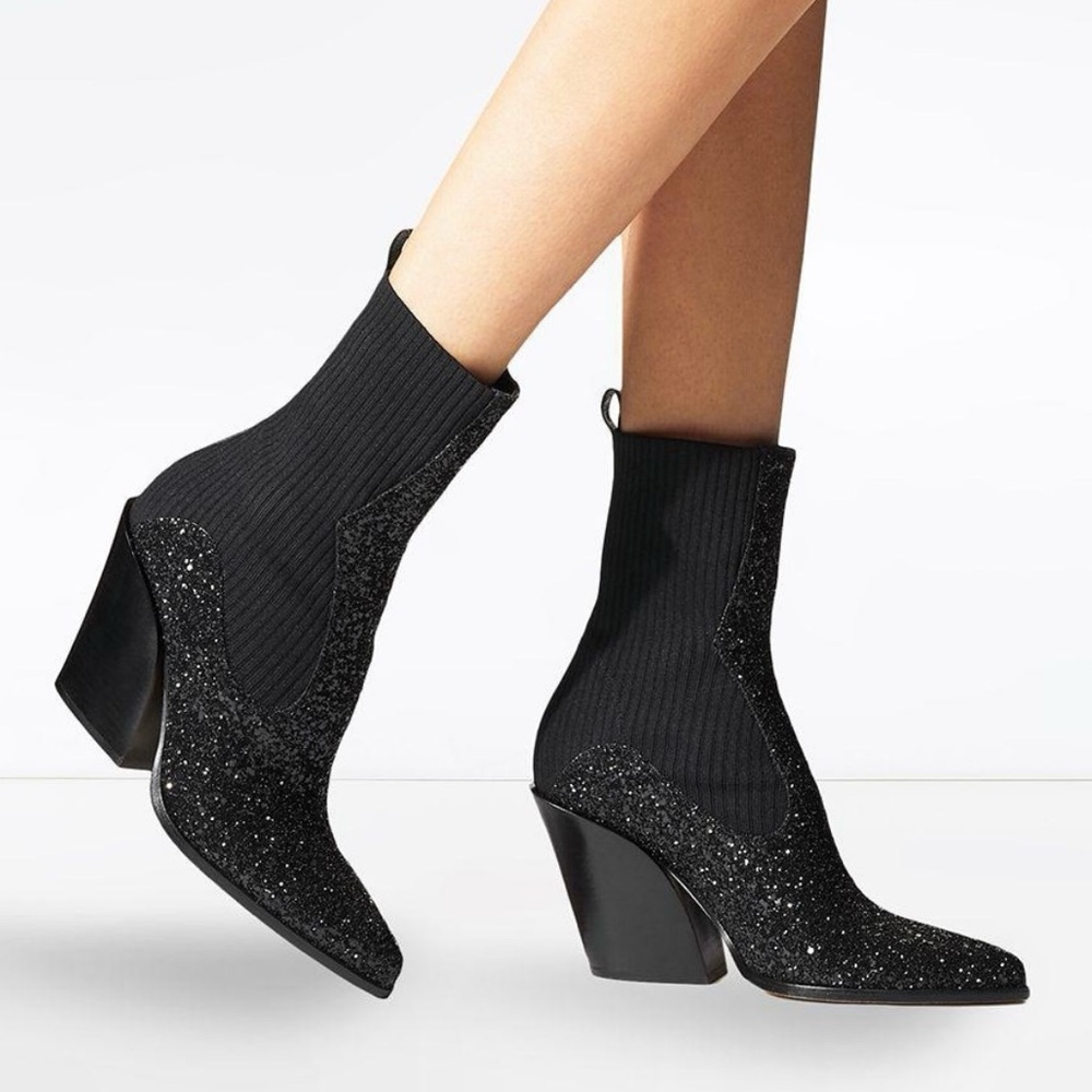 Jimmy Choo Mele Glitter 85 Chelsea Stretch Knit Block Heel Ankle Boots Black 36